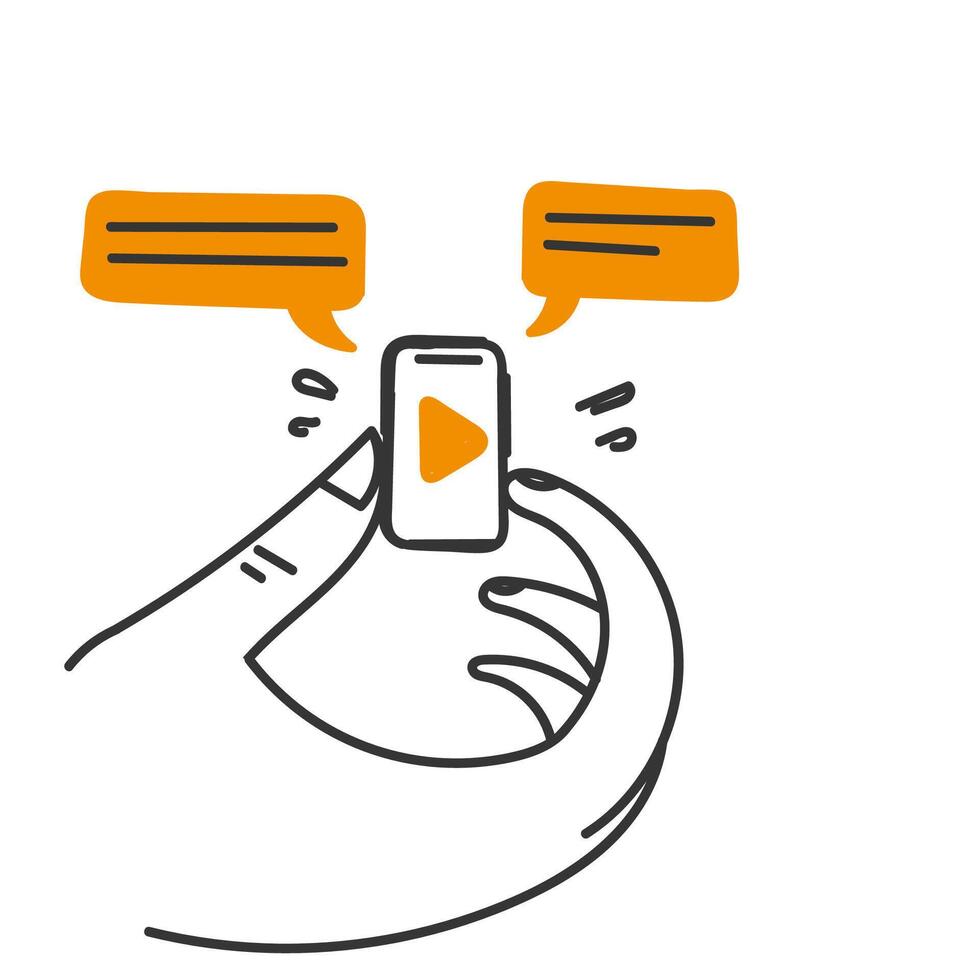 hand drawn doodle giant hand holding smartphone illustration vector