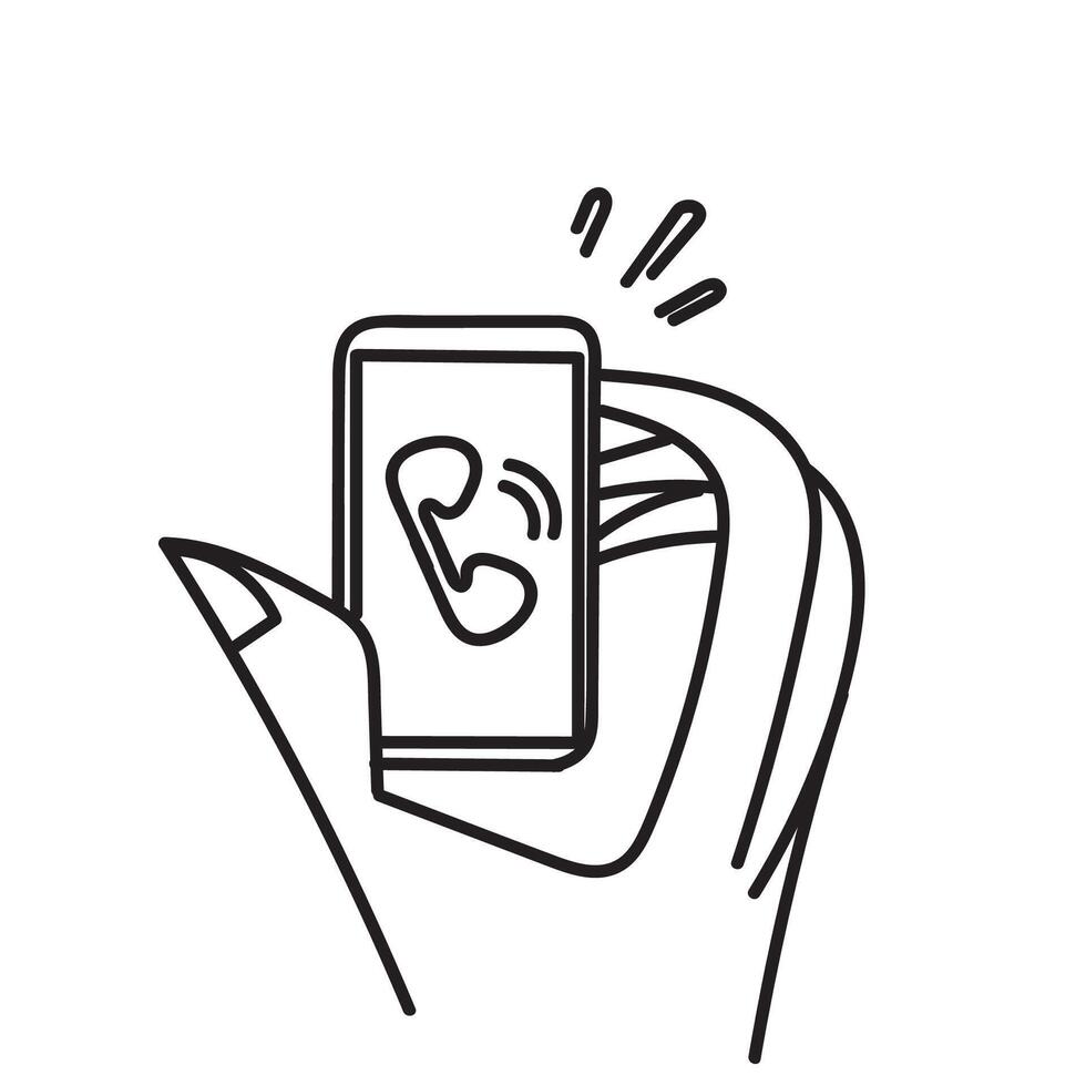 hand drawn doodle giant hand holding smartphone illustration vector