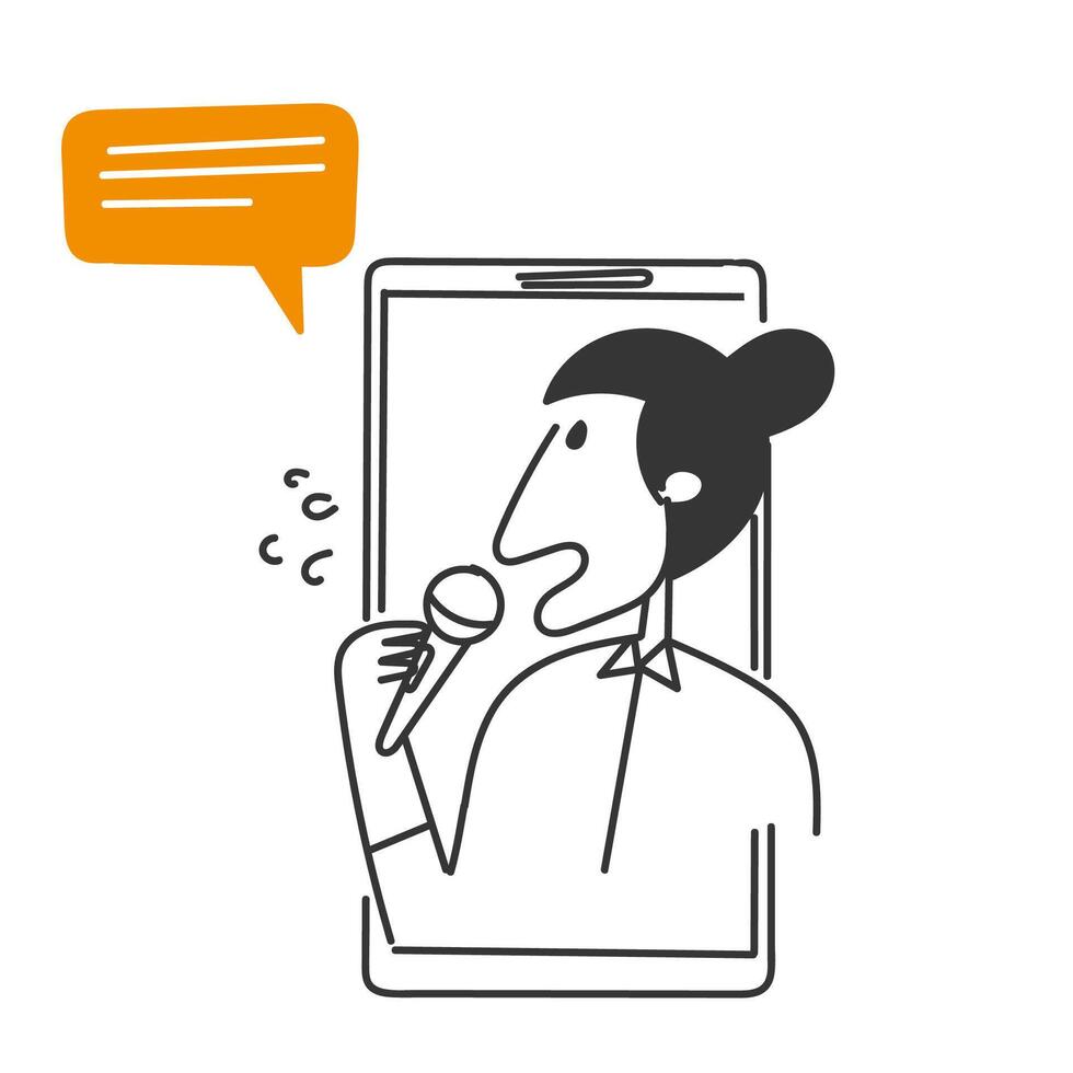 hand drawn doodle person holding microphone on mobile phone illustration vector