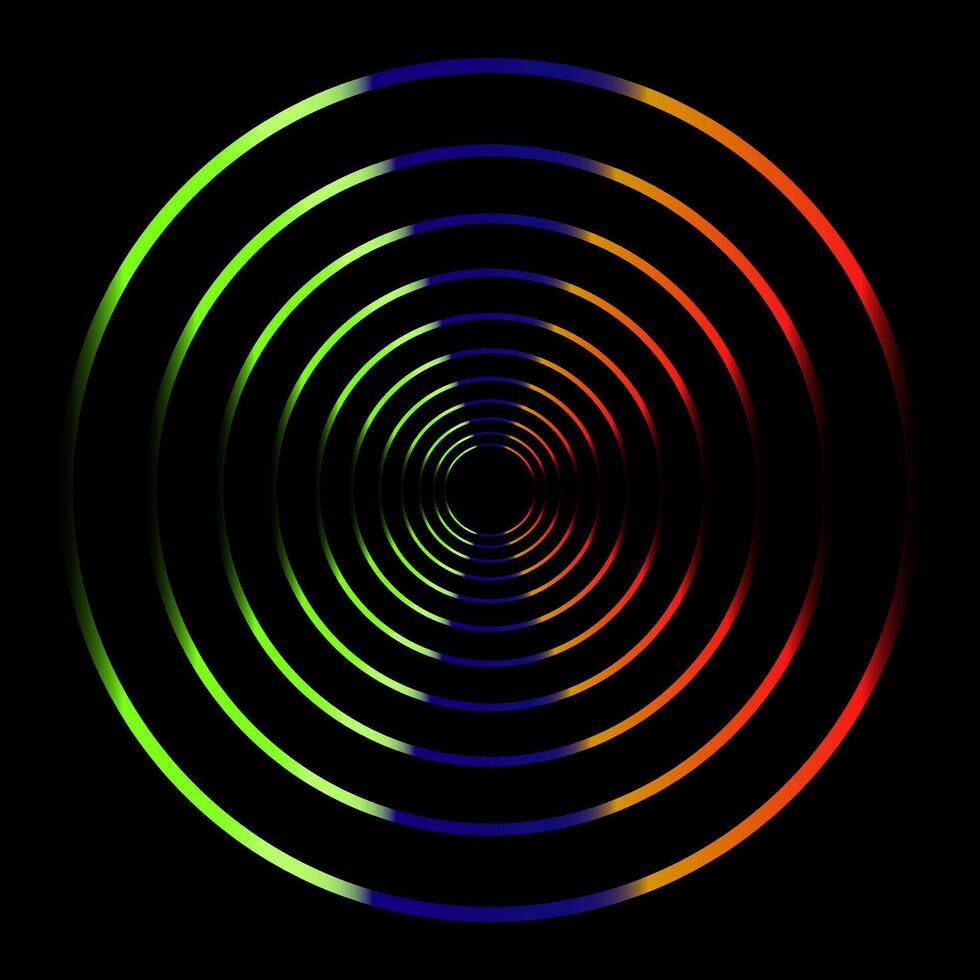 Colorful Neon Circles, Shining on Dark Background Rainbow Colored Rings. vector