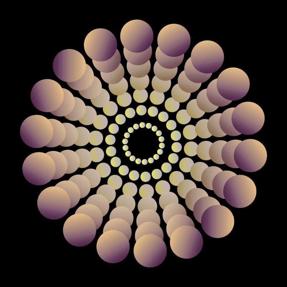 rotation from center white yellow light to dark pink in dot pattern, flower shaped spheres, for design vector