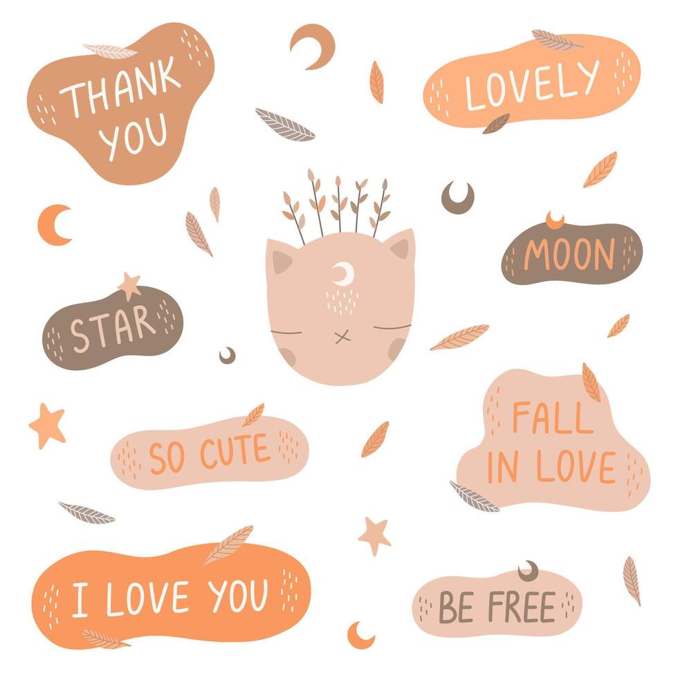 Set of inspirational speech bubbles with compliments, quotes about love for yourself. Cute cat with moon and stars. vector