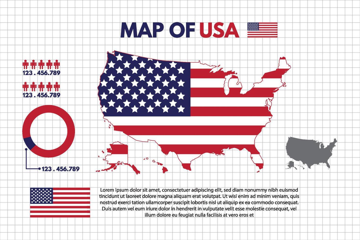 Infographic Map of United State America USA Country include of flag people icon statistic and pie chart design flat style isolated ready to use free editable. vector