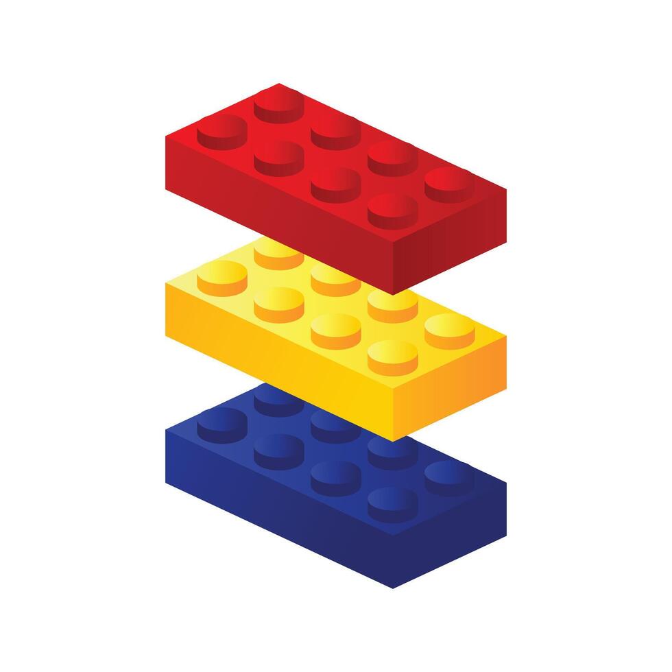 Block Brick with eight studs stack in three color red blue and yellow art illustration design isometric free editable vector