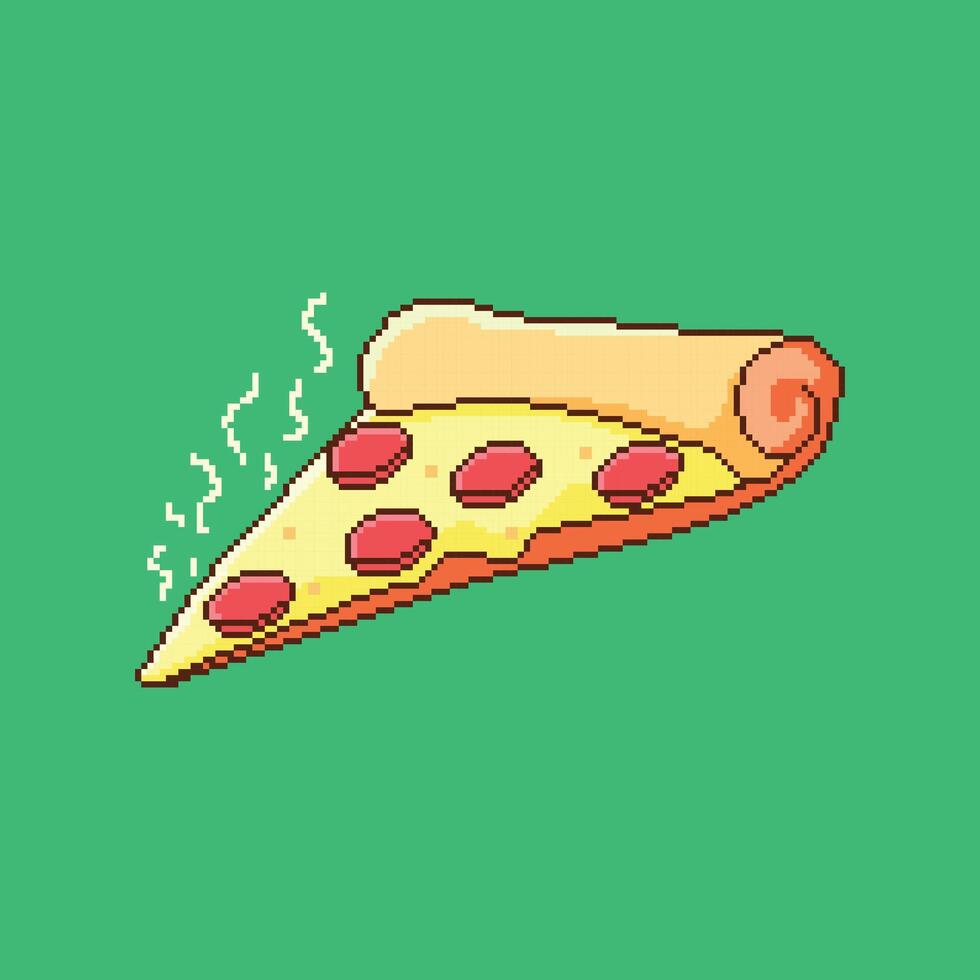 Pixel art pizza with cheese and natural on green background for games pixelation vector