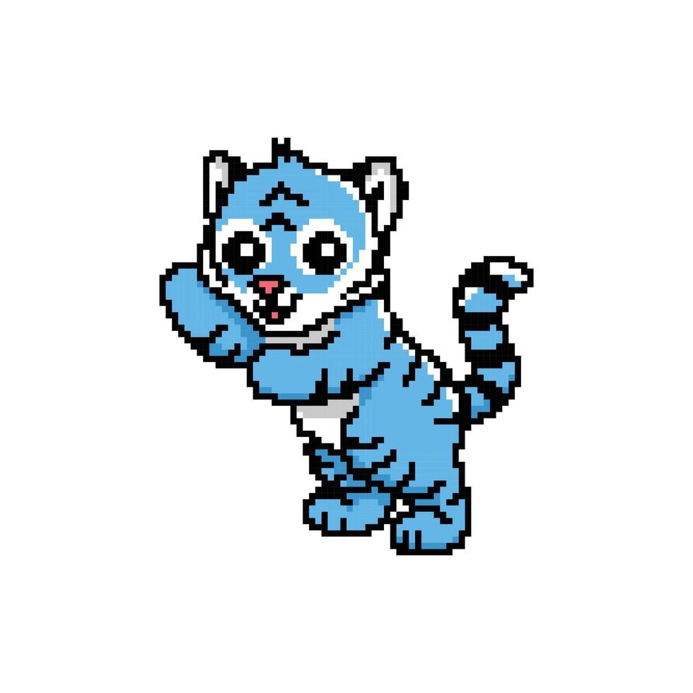 Blue tiger pixel art style icon. 8-bit sprites. Isolated illustration of a mammal animal. Design for stickers, logos, embroidery, mobile apps. vector