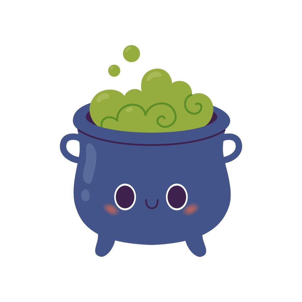 Cartoon witch cauldron with green magic soup in kawaii style. flat illustration. vector