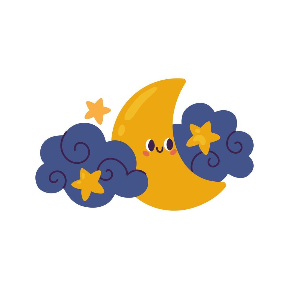 Cute crescent with clouds and stars. flat illustration. vector