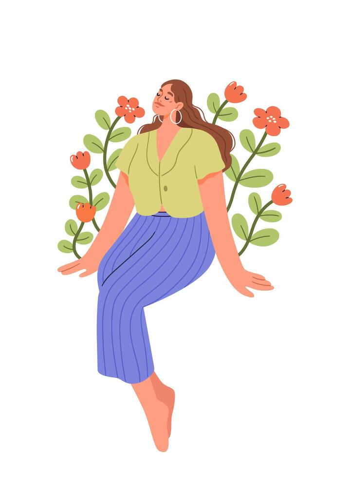 Happy woman sits outdoors. Female character enjoying nature. The concept of life at the moment. flat illustration. vector