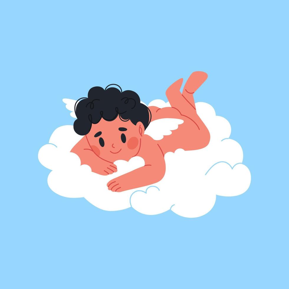linda bebé ángel mentiras en nubes plano ilustración. vector
