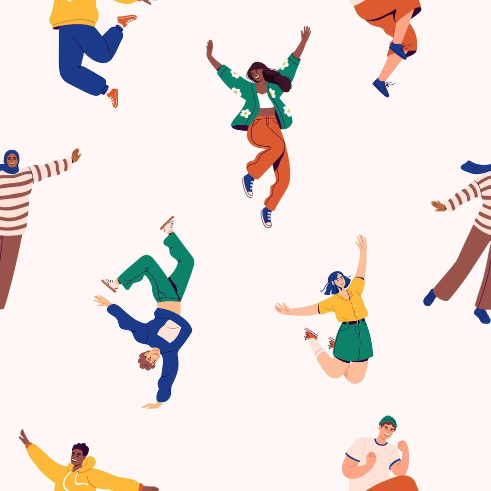 Happy people jumping from joy, seamless pattern. Young people celebrate success, achievement. Printable flat illustration. vector