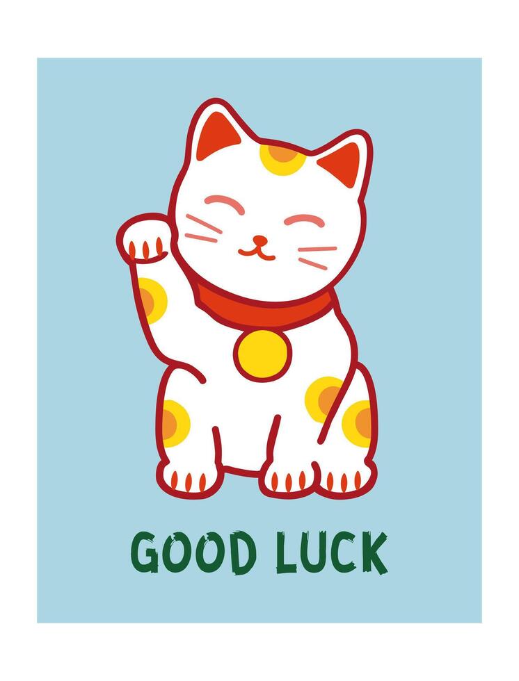 tarjeta postal modelo con maneki neko japonés gato. símbolo de bueno suerte, fortuna y prosperidad. garabatear ilustración vector