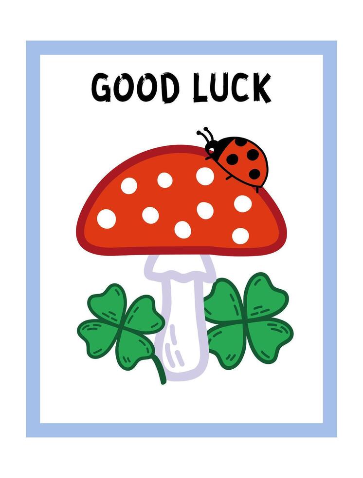Good Luck Postcard Template with fly agaric, ladybug and four leaf clover. Best wishes with symbols of success vector
