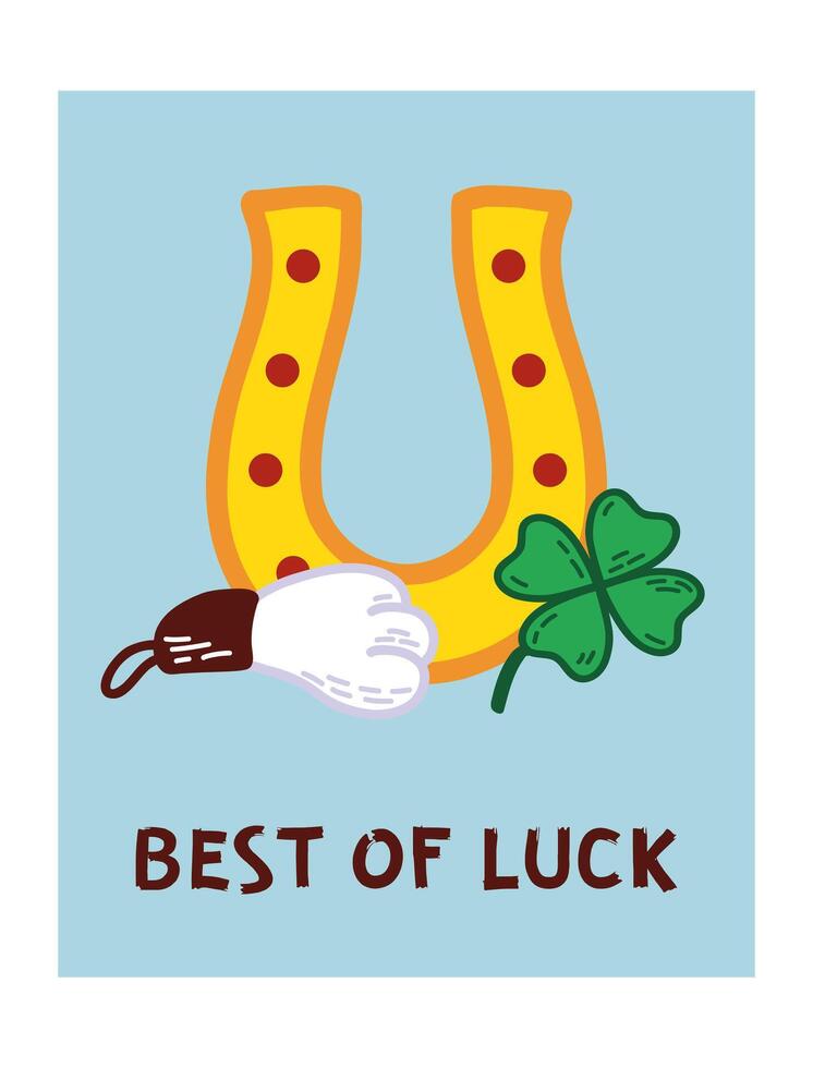 Best of Luck Postcard Template with rabbit foot, fourleaf clover and horseshoe. Best wishes. Talismans, amulets for luck vector
