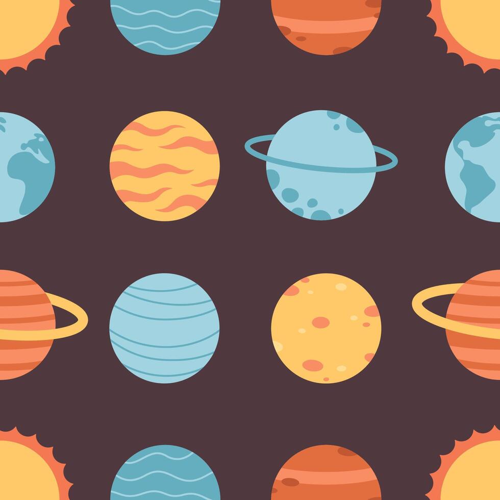 Seamless pattern with planets, space and stars vector