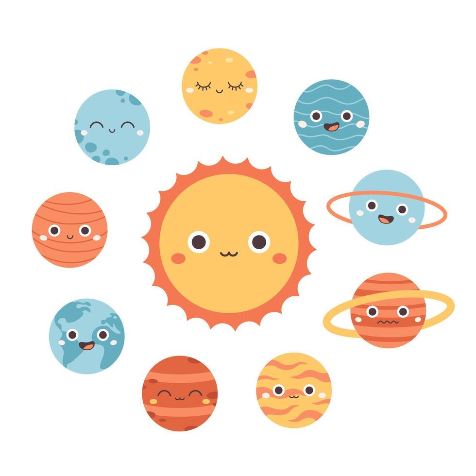 Collection of trendy cartoon planets. Solar System. Earth Day, Save planet. vector