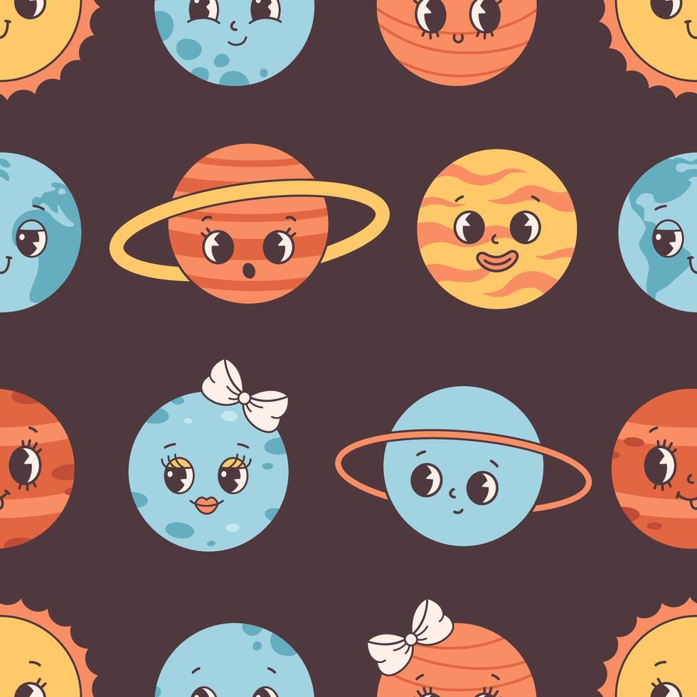 Seamless pattern with planets and space. Trendy groovy cartoon planet characters vector