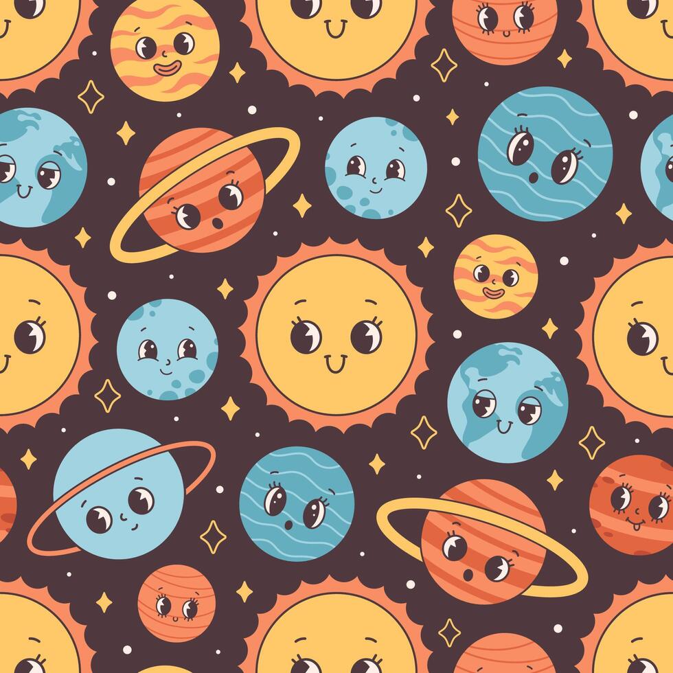 Seamless pattern with Solar System and space. Trendy groovy cartoon planet characters. vector