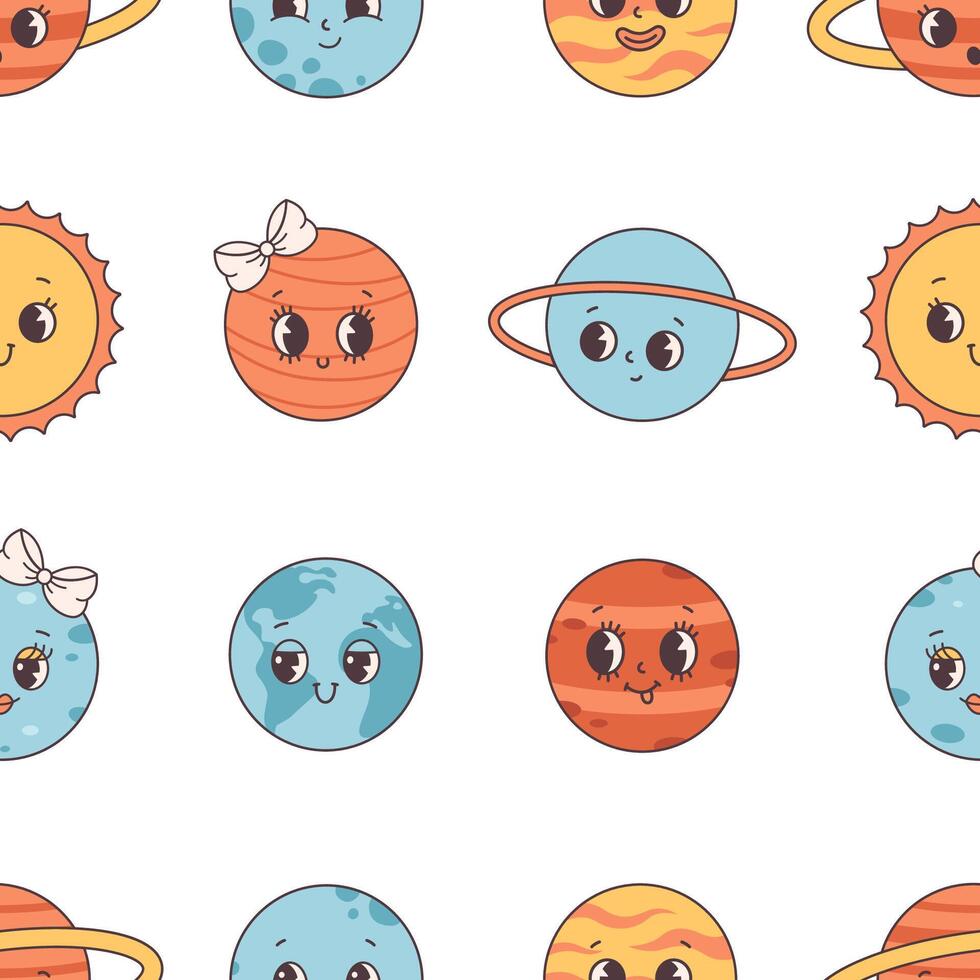 Seamless pattern with Solar System and space. Cartoon planet characters in retro style. vector