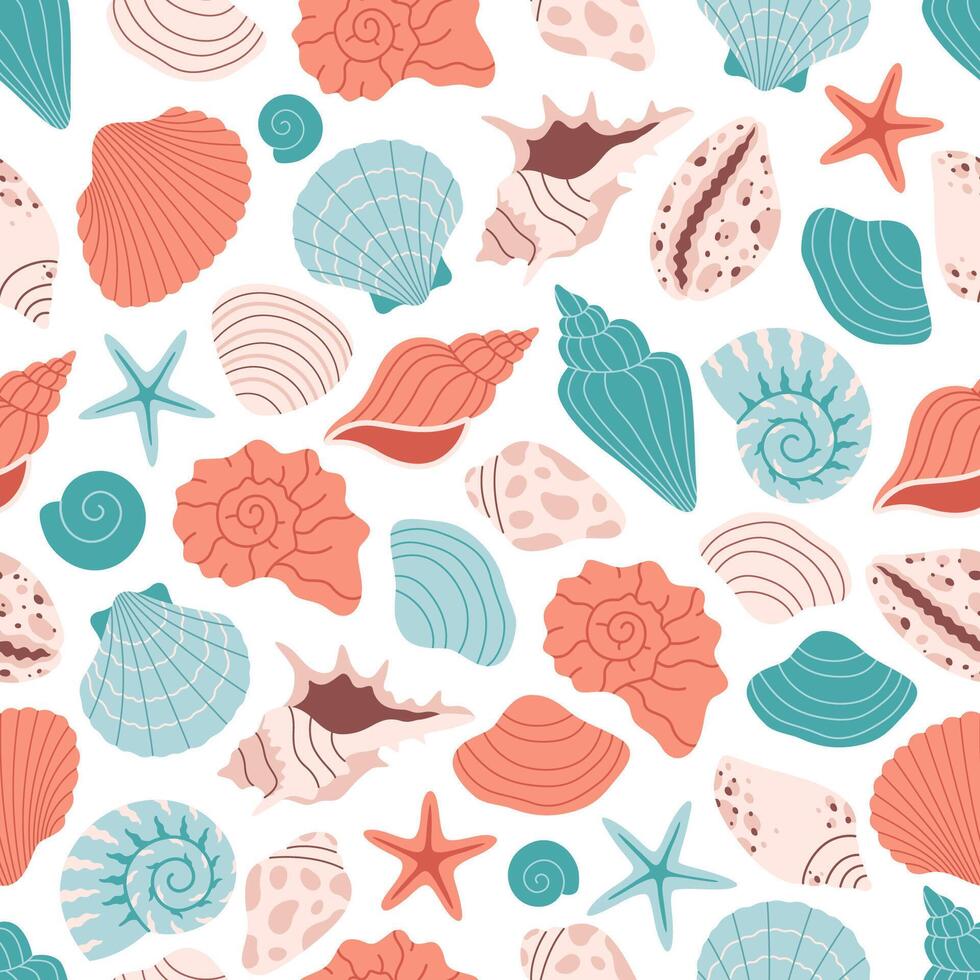 Seamless pattern with sea shells, mollusks, starfish. Tropical beach shells. Summer seamless pattern. vector