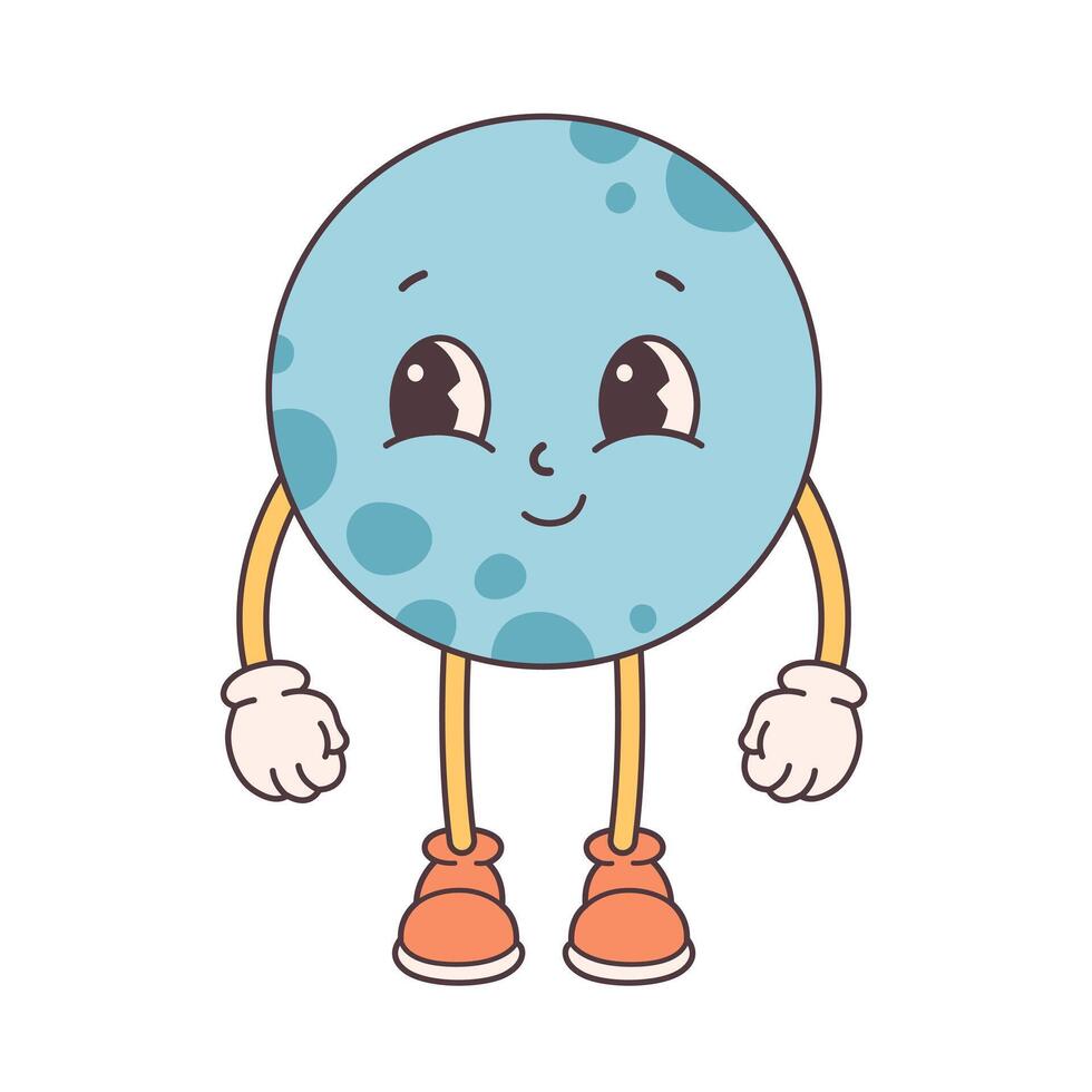 Trendy cartoon groovy planet character in retro style 60s and 70s. Solar System, Space. Earth Day, Save planet vector