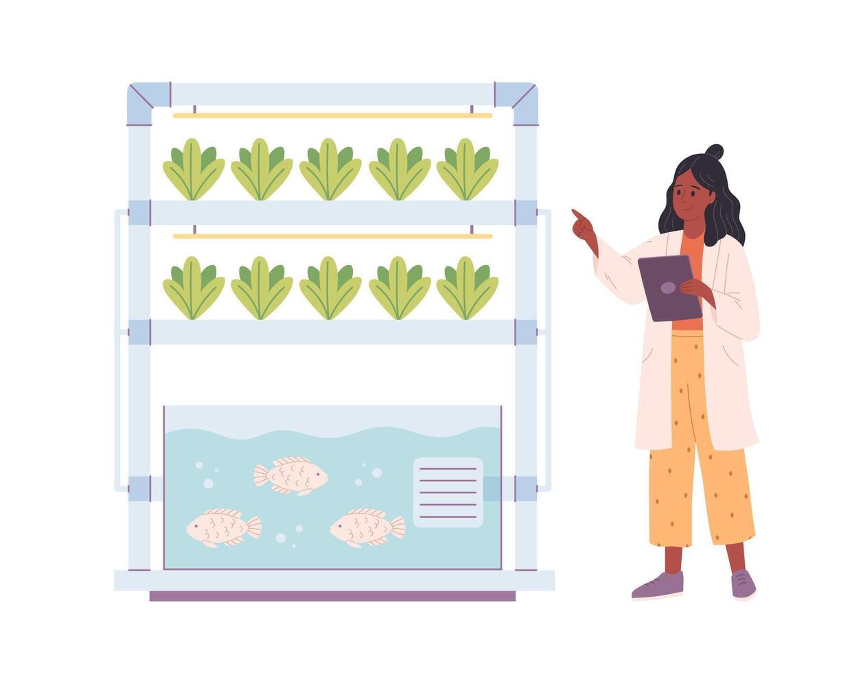 Hydroponics and aquaponics technology for plants growing. Vertical farming. Biologist grows plants. Smart farm vector