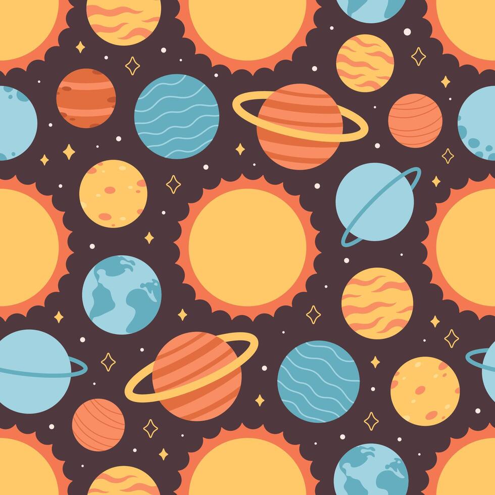 Seamless pattern with planets, space and stars vector