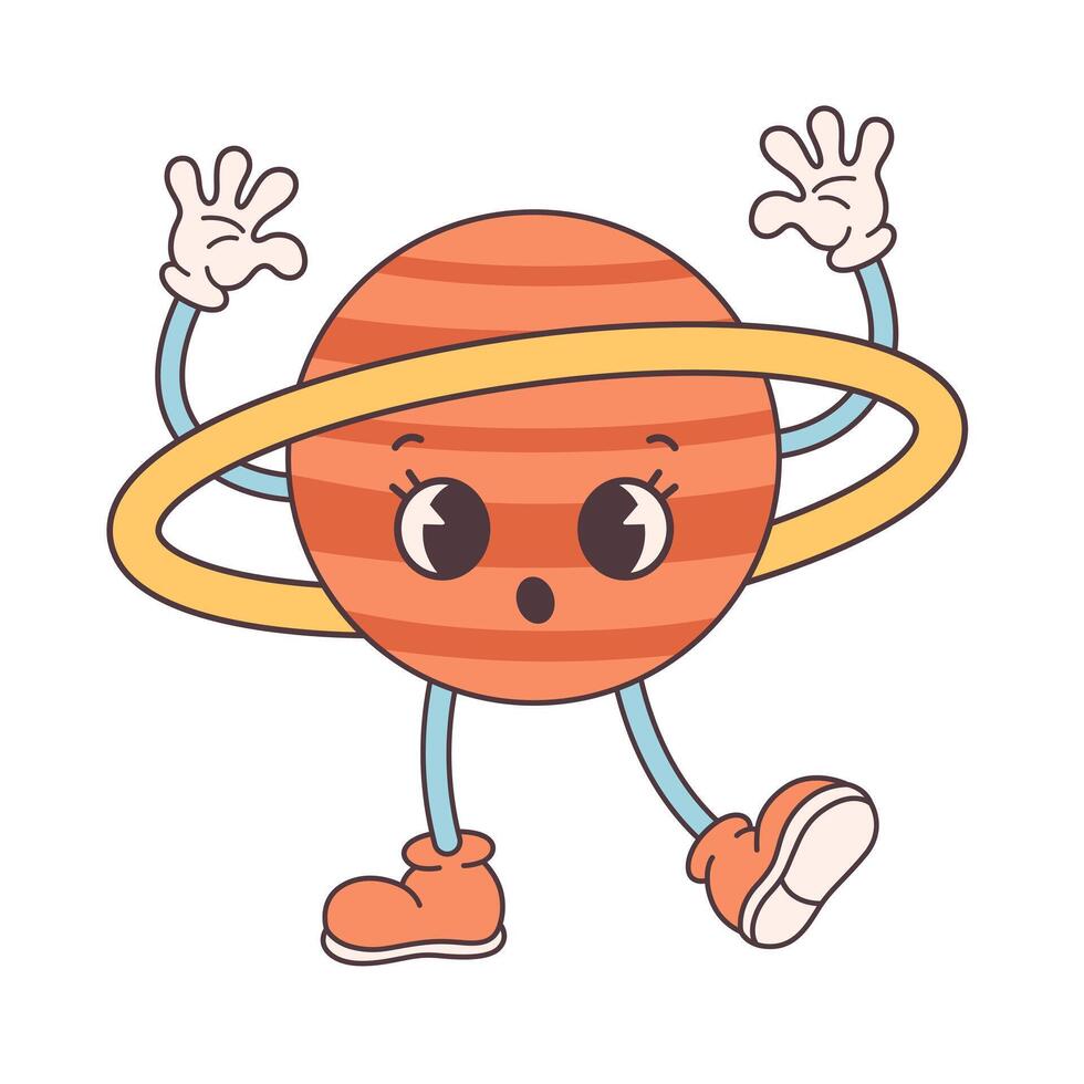 Trendy cartoon groovy planet character in retro style 60s and 70s. Solar System, Space. Earth Day, Save planet vector