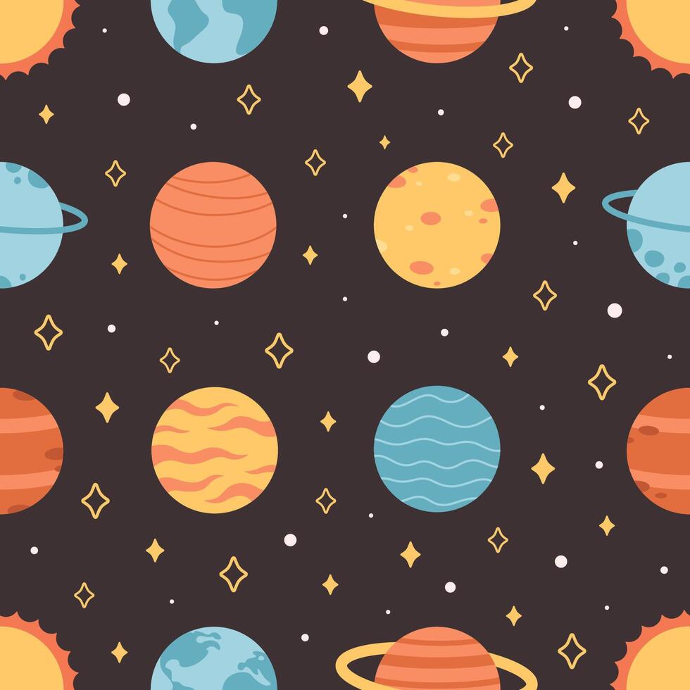 Seamless pattern with planets, space and stars vector