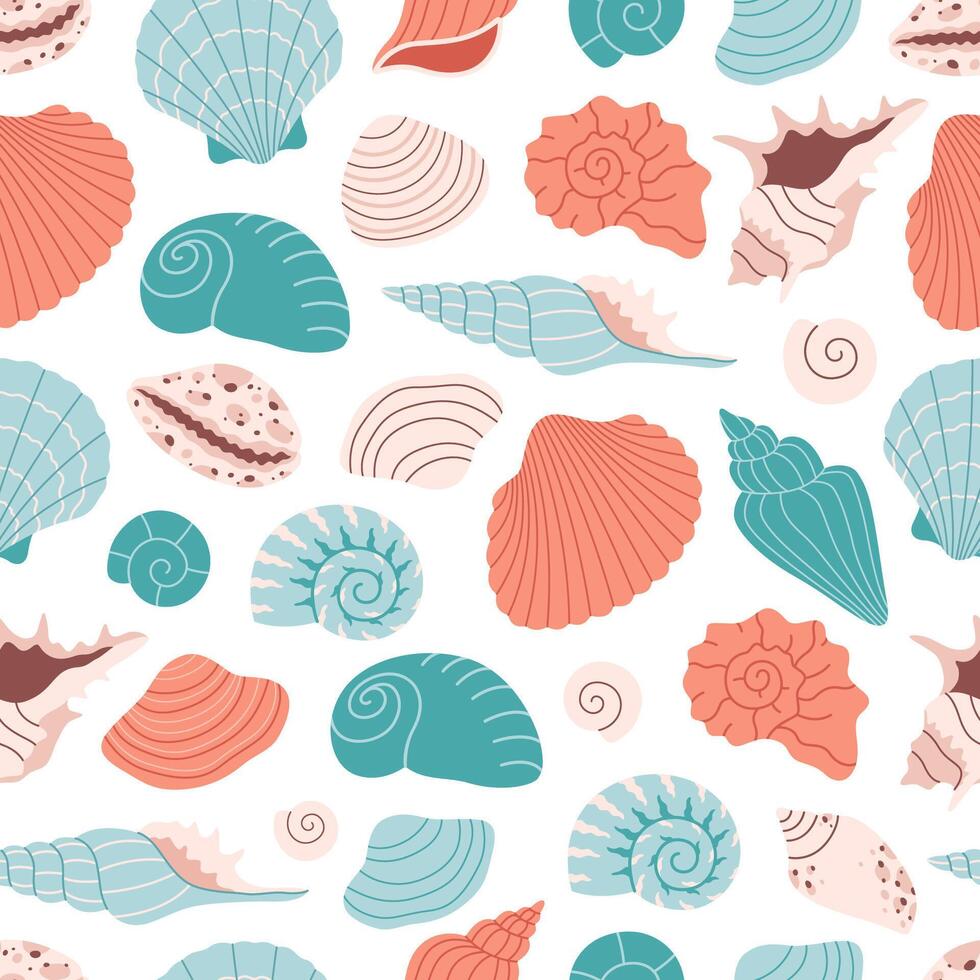 Seamless pattern with sea shells, mollusks, starfish. Tropical beach shells. Summer seamless pattern. vector