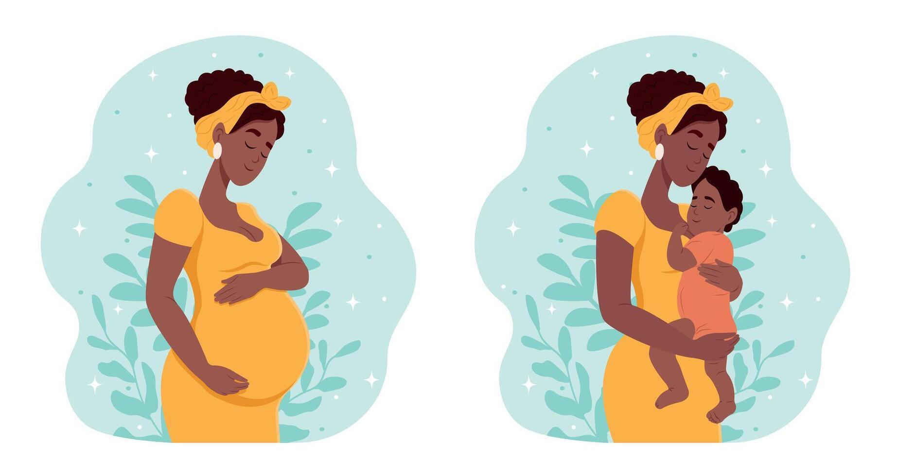 embarazada negro mujer con un barriga. madre con un recién nacido bebé. el embarazo y maternidad. plano ilustración. vector