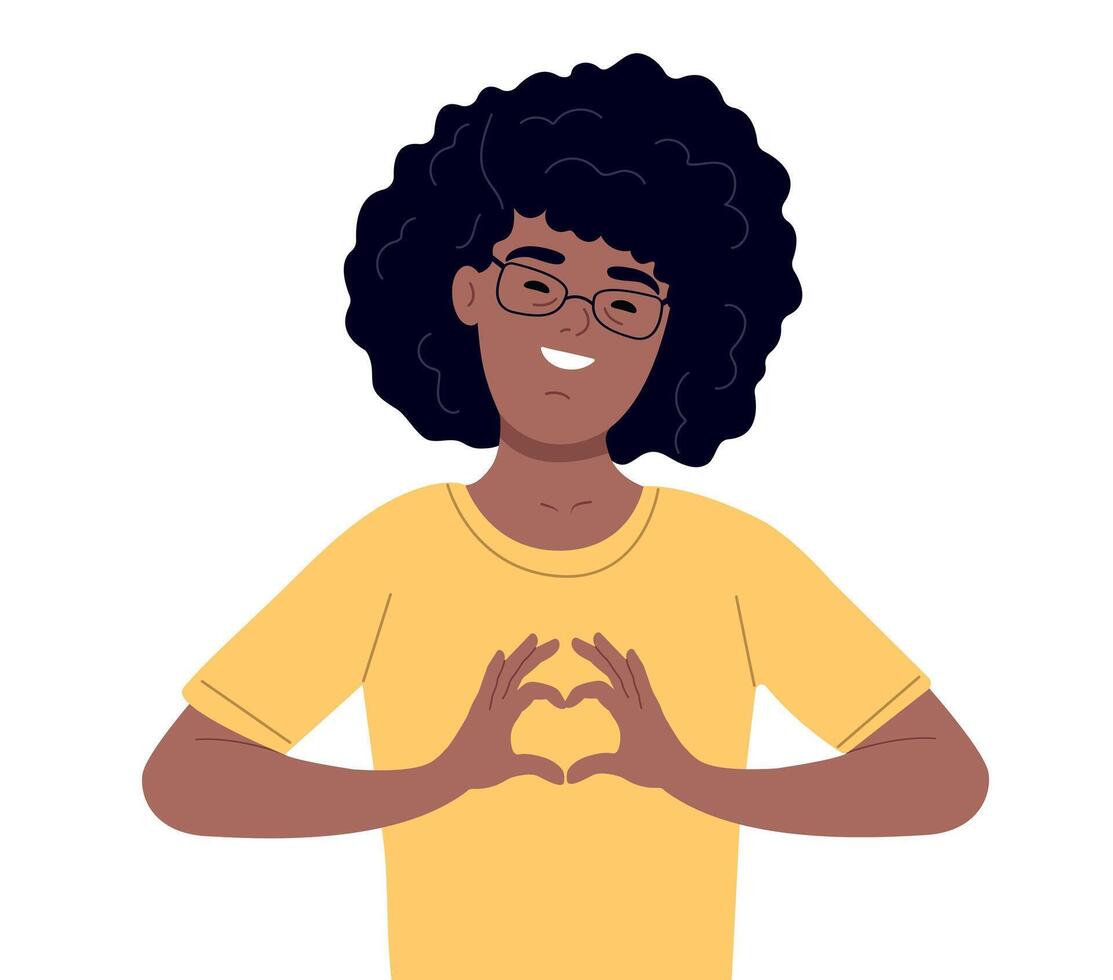 African american child with down syndrome in casual clothes and glasses happy gesturing smiling. Down syndrome awareness month. vector