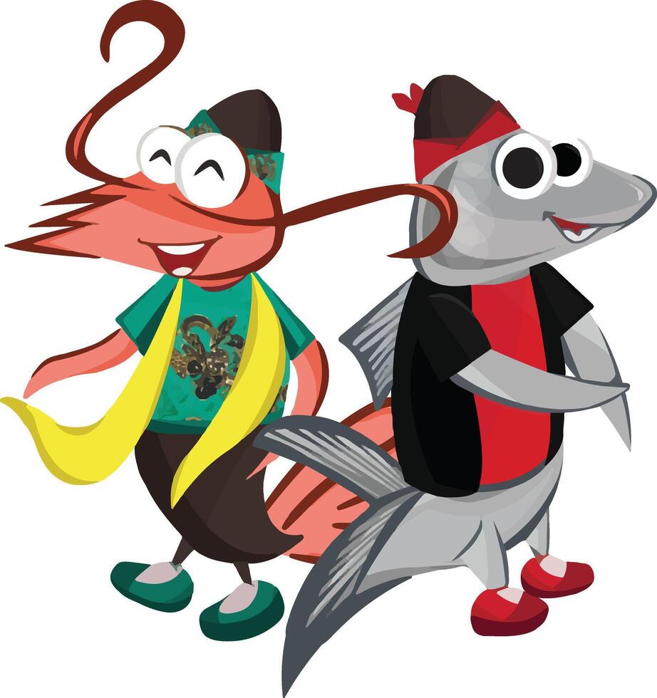 linda dibujos animados camarón y pescado con tradicional disfraz ilustración logo vector
