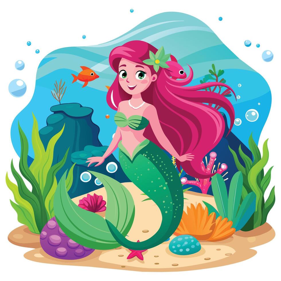 ilustración de sirena debajo el mar vector