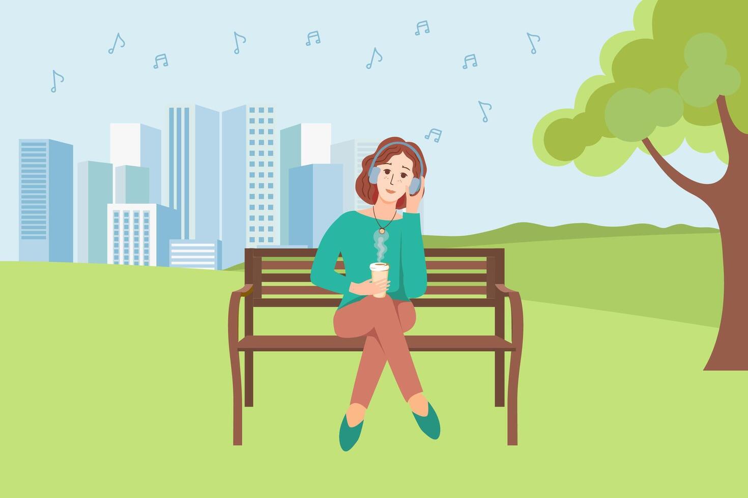 The girl is sitting on a bench, listening to music and drinking coffee in the park. vector