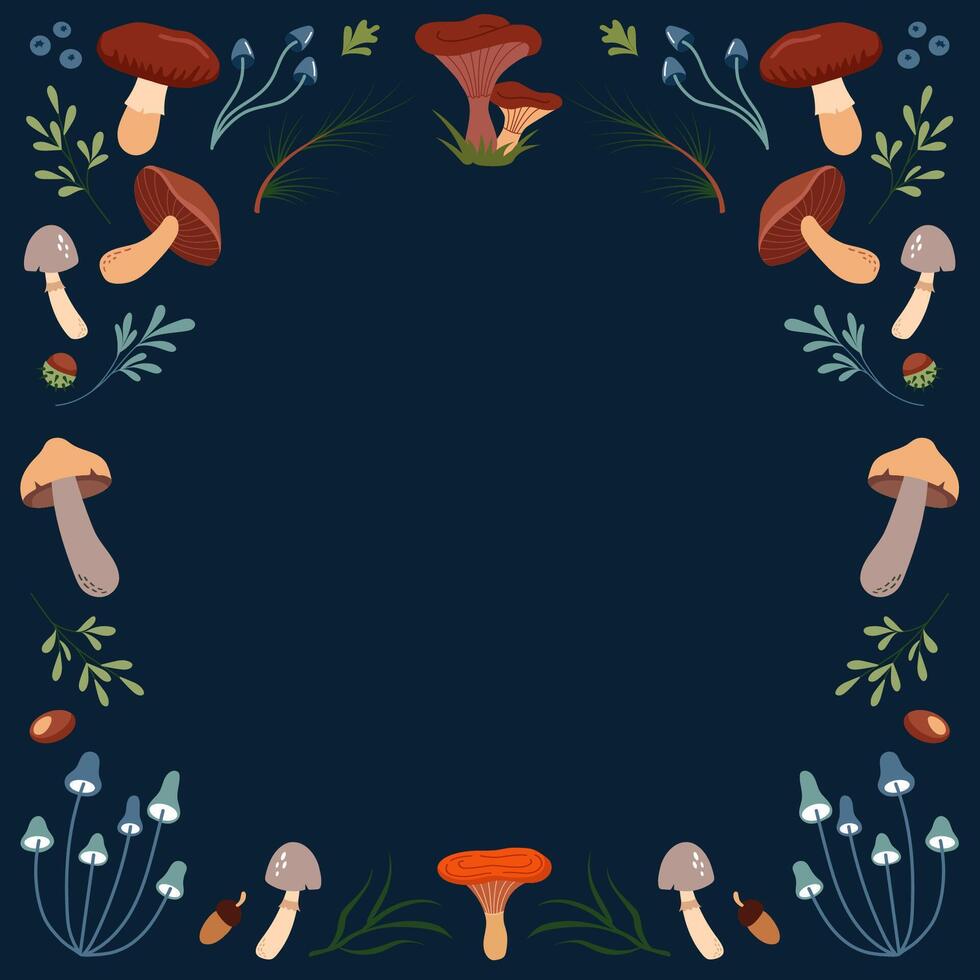 Beautiful frame for text with mushrooms, pine branches, leaves on dark blue background. Colorful template for social media post, invitation, menu, book cover, flyer, poster. vector