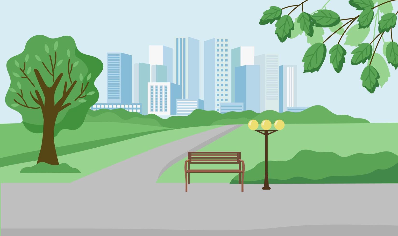 Urban summer landscape. A big city in the distance, a city park, trees, a bench. A modern eco-friendly city. A pleasant place to live. Horizontal background. vector