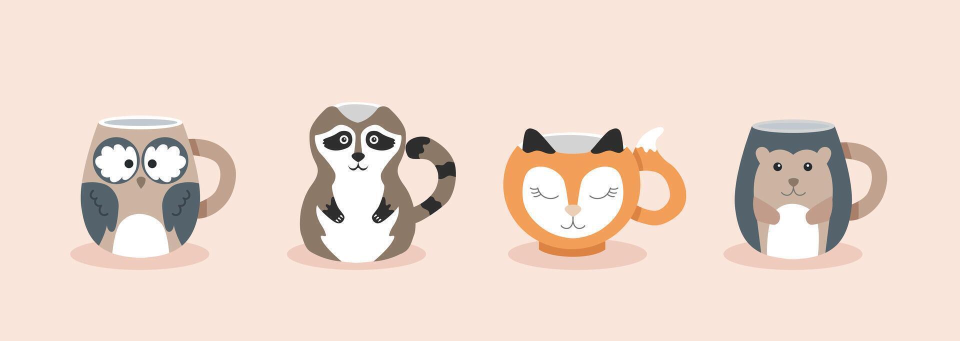 Set cute tea cups in the form of forest animals. Fox, hedgehog, raccoon, owl. color characters ceramic for children. vector