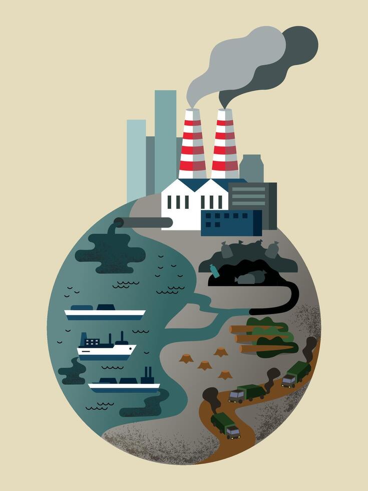 Environmental disaster. Dirty planet Earth. Industrial pollution, garbage dumps, deforestation, pollution of the world's oceans, waste water, atmospheric pollution, global climate change. vector