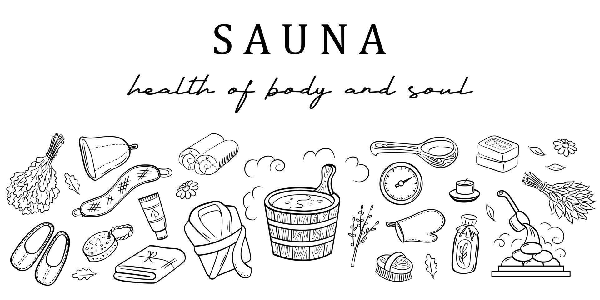Sauna and wellness body care banner template. Set of doodle hand drawn elements. vector