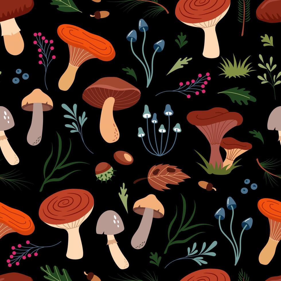 seamless pattern of cute forest icons - mushrooms, berries, chestnuts, pine needles, leaves. Beautiful trendy background for packaging, fabric, wallpaper. vector