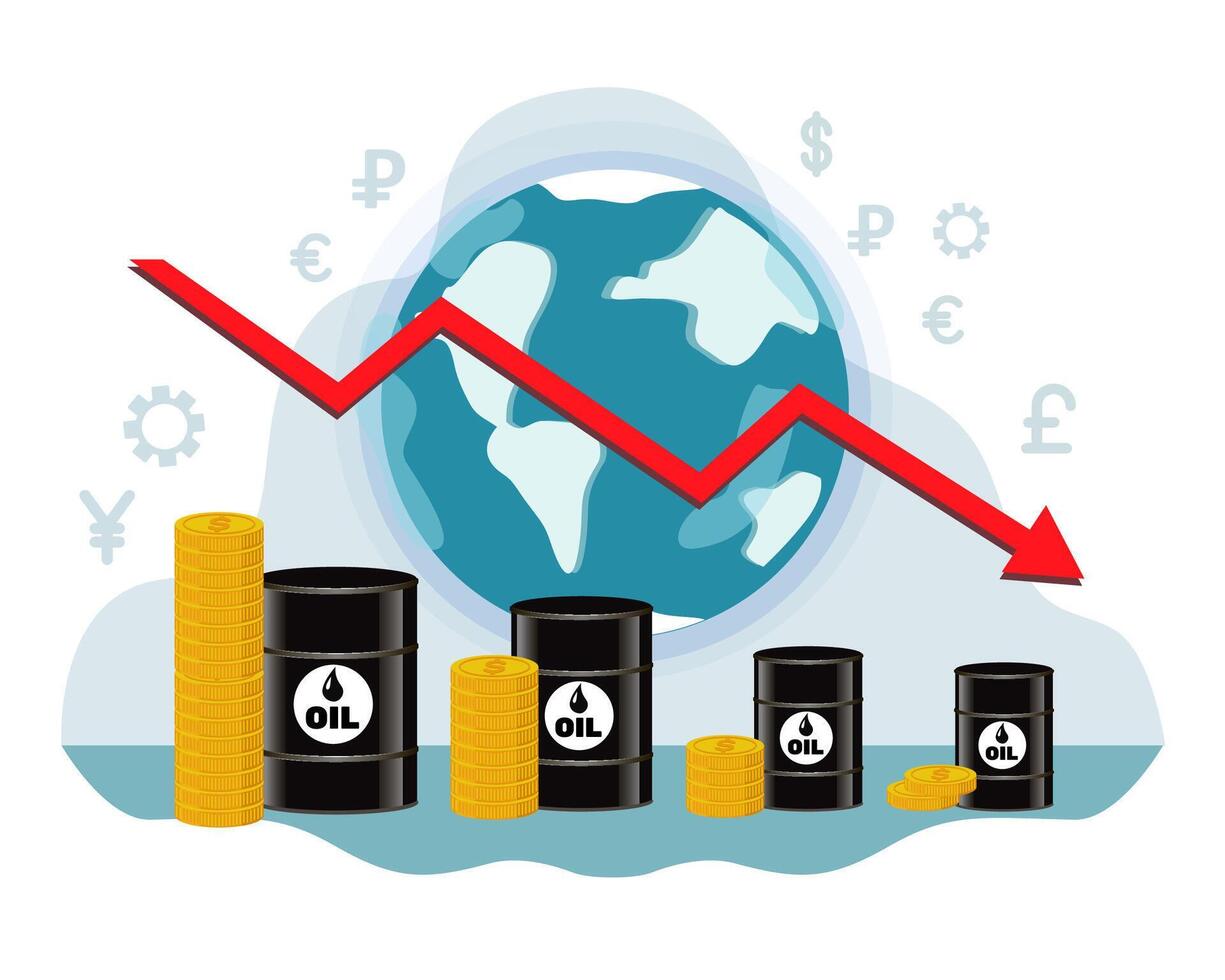 petróleo precio es descendente. barriles de aceite, dinero y infografia en contra el antecedentes de el globo y mundo monedas icono en un azul antecedentes. vector