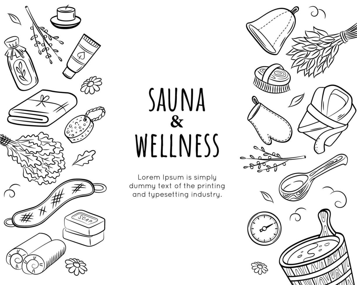 Premium body care banner template. Sauna and wellness. Set of doodle hand drawn elements. vector