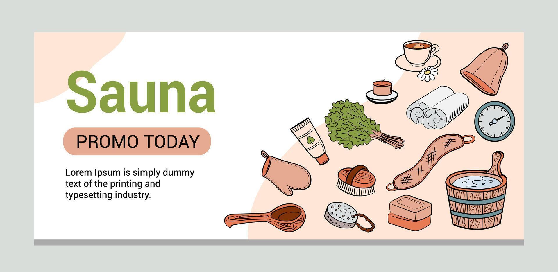 Sauna and wellness banner template. Colorful cartoon spa accessories in doodle style on white background. vector