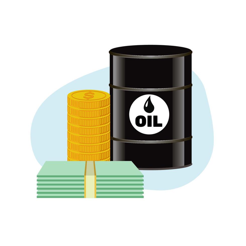 The price of oil. concept - a barrel of oil, banknotes and coins on a white background. Illustration on a white background. vector