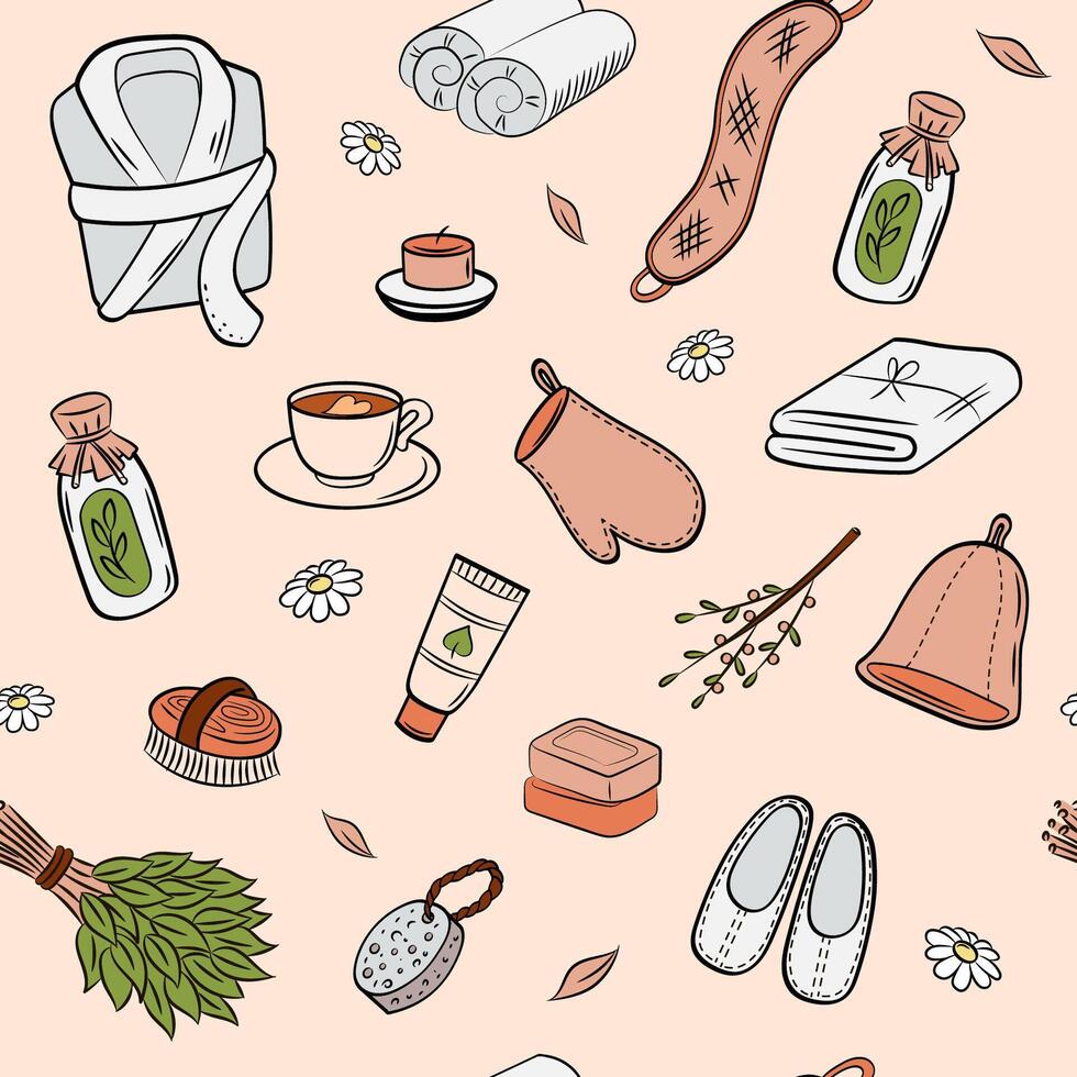 Sauna and wellness color background. seamless template. Hand drawn spa elements collection2. vector