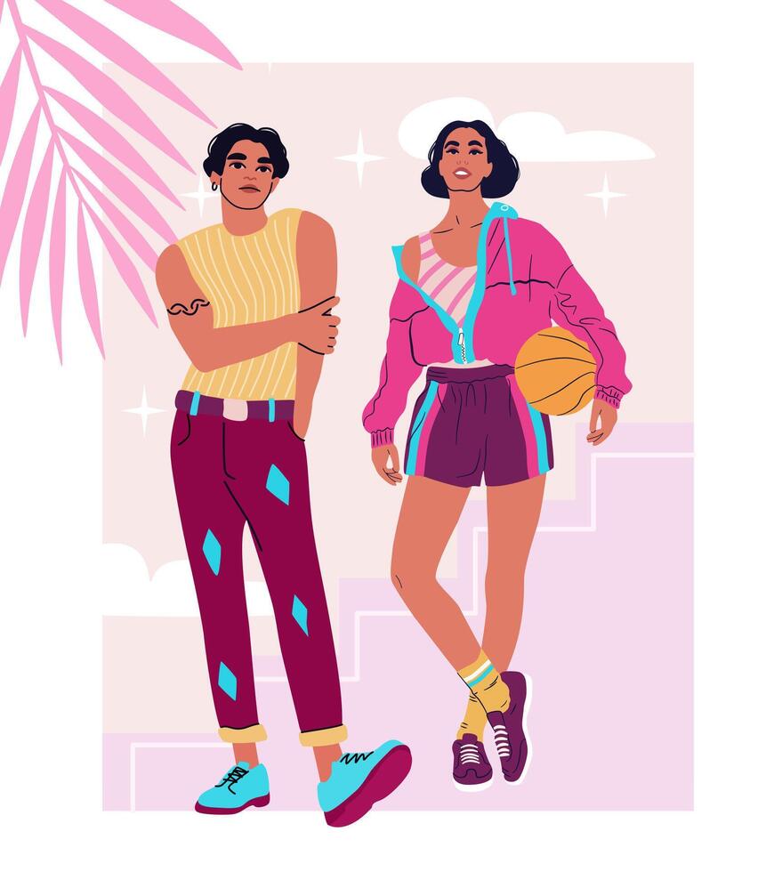 Young funky couple standing in trendy colourful clothes. Sporty tall girl with a ball and athletic boy on an abstract background. vector