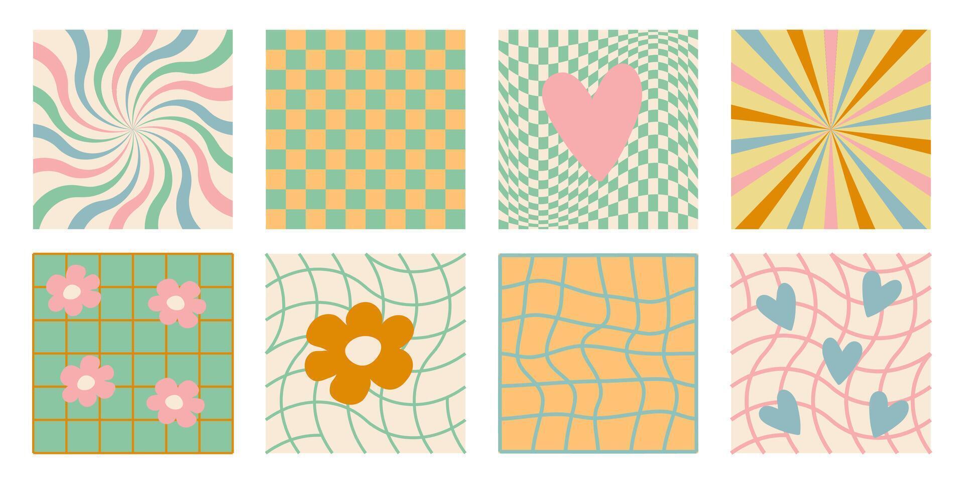 Groovy checkered patterns in pastel colors with hearts shape and flowers, vintage aesthetic backgrounds, psychedelic checkerboard texture. Funky hippie fashion y2k textile print, pattern set. vector