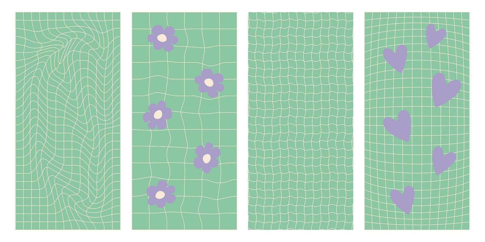 Groovy hippie chessboard pattern set in green pastel colors with purple flowers and hearts. Retro 60s 70s psychedelic geometric backgrounds. . vector