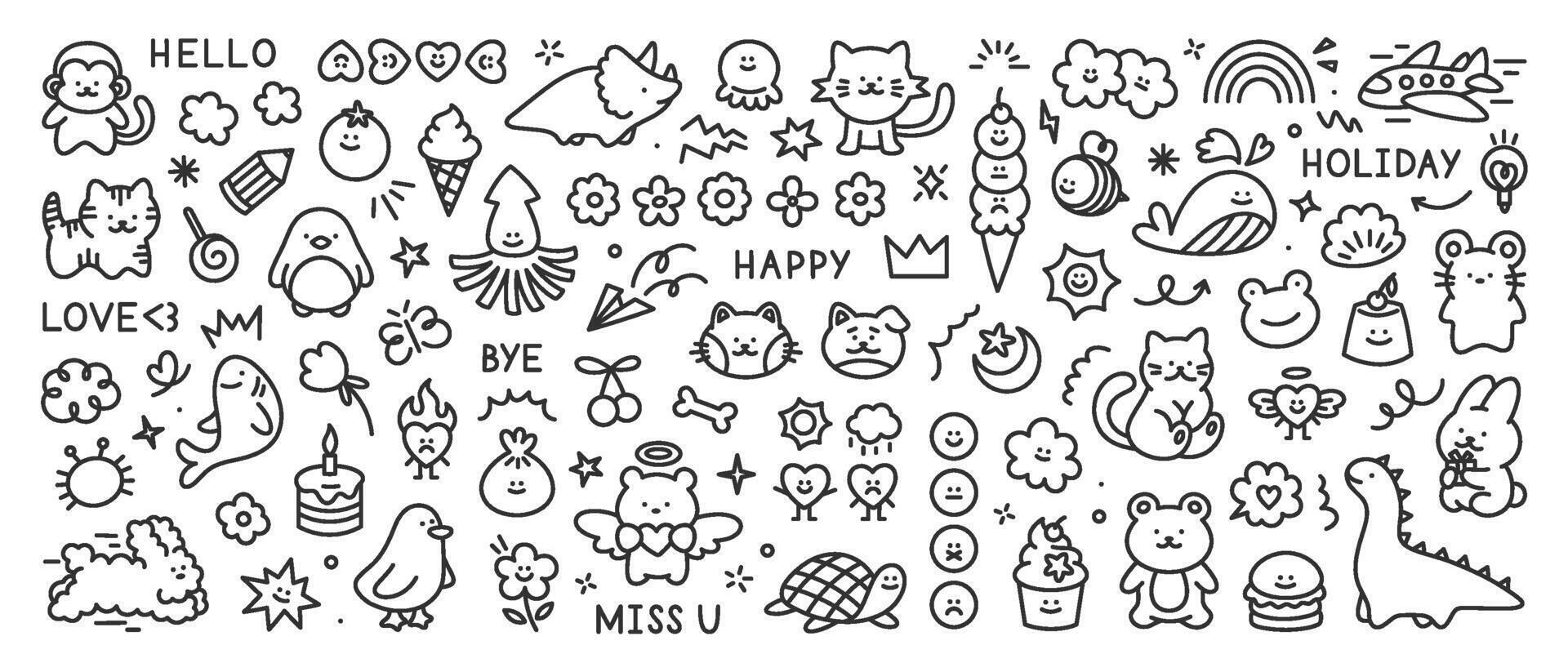 Scribble kid doodle icons set. Cute hand drawn set of cat, sun, flower, smile, heart, animal, cloud, star, rainbow, candy, dog. trendy sketch childish elements for stickers, patterns, banners vector